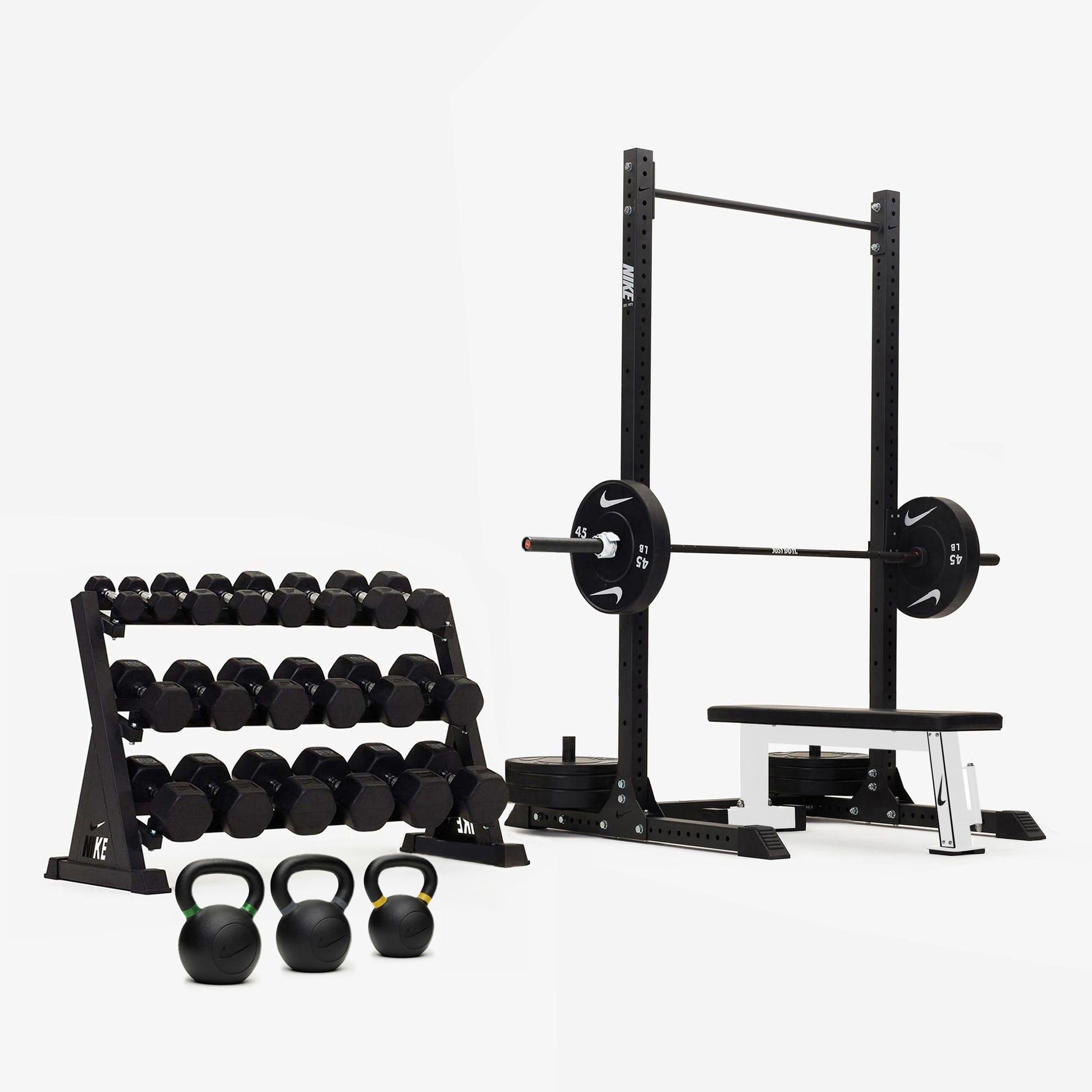 Nike Squat Rack / Black/Black Dumbbells + Black/White Plates / 20 kg Black ("Just Do It")
