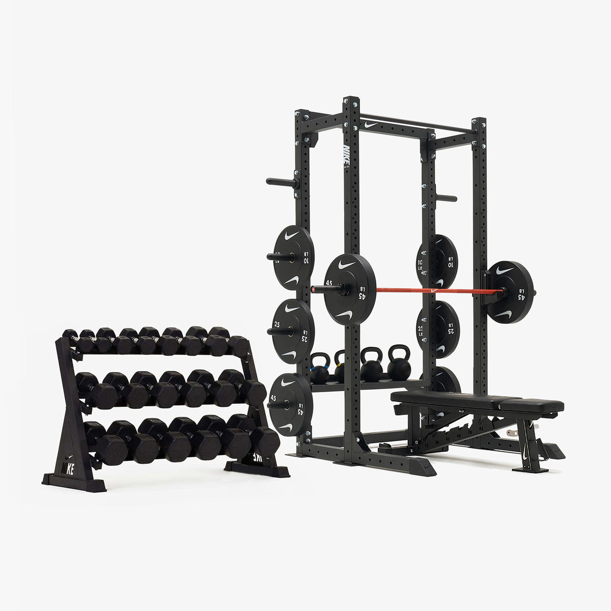 Nike Half Rack / Black/Black Dumbbells + Black/White Plates / 20 kg Orange SWOOSH