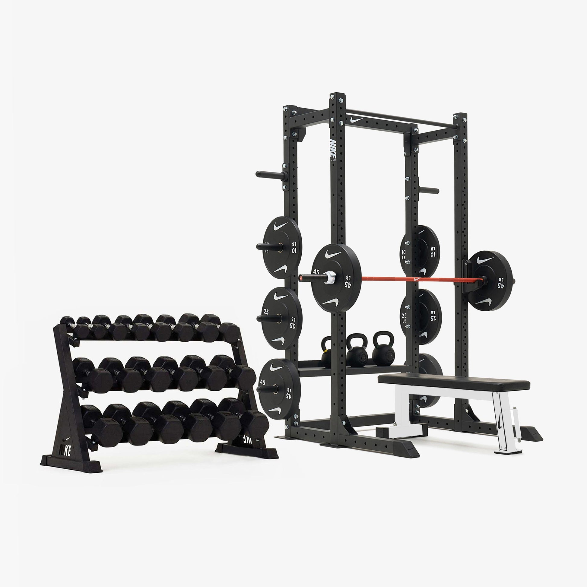Nike Half Rack / Black/Black Dumbbells + Black/White Plates / 20 kg Orange SWOOSH