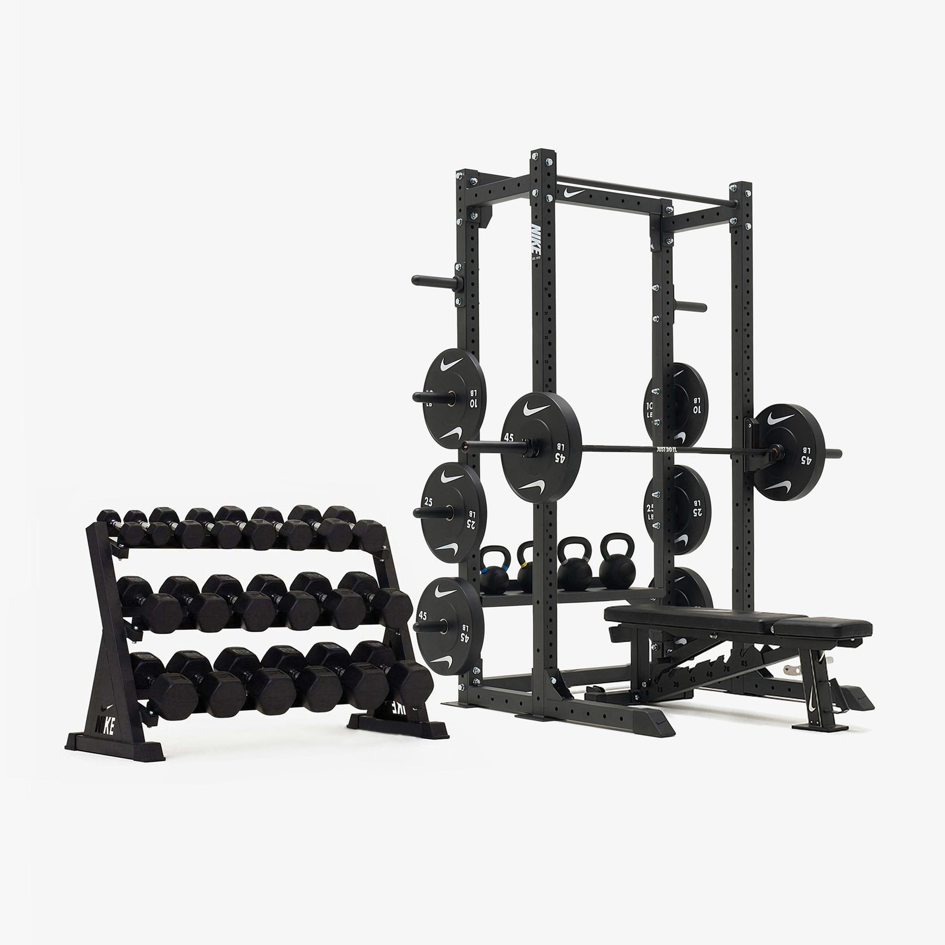 Nike Half Rack / Black/Black Dumbbells + Black/White Plates / 20 kg Black ("Just Do It")