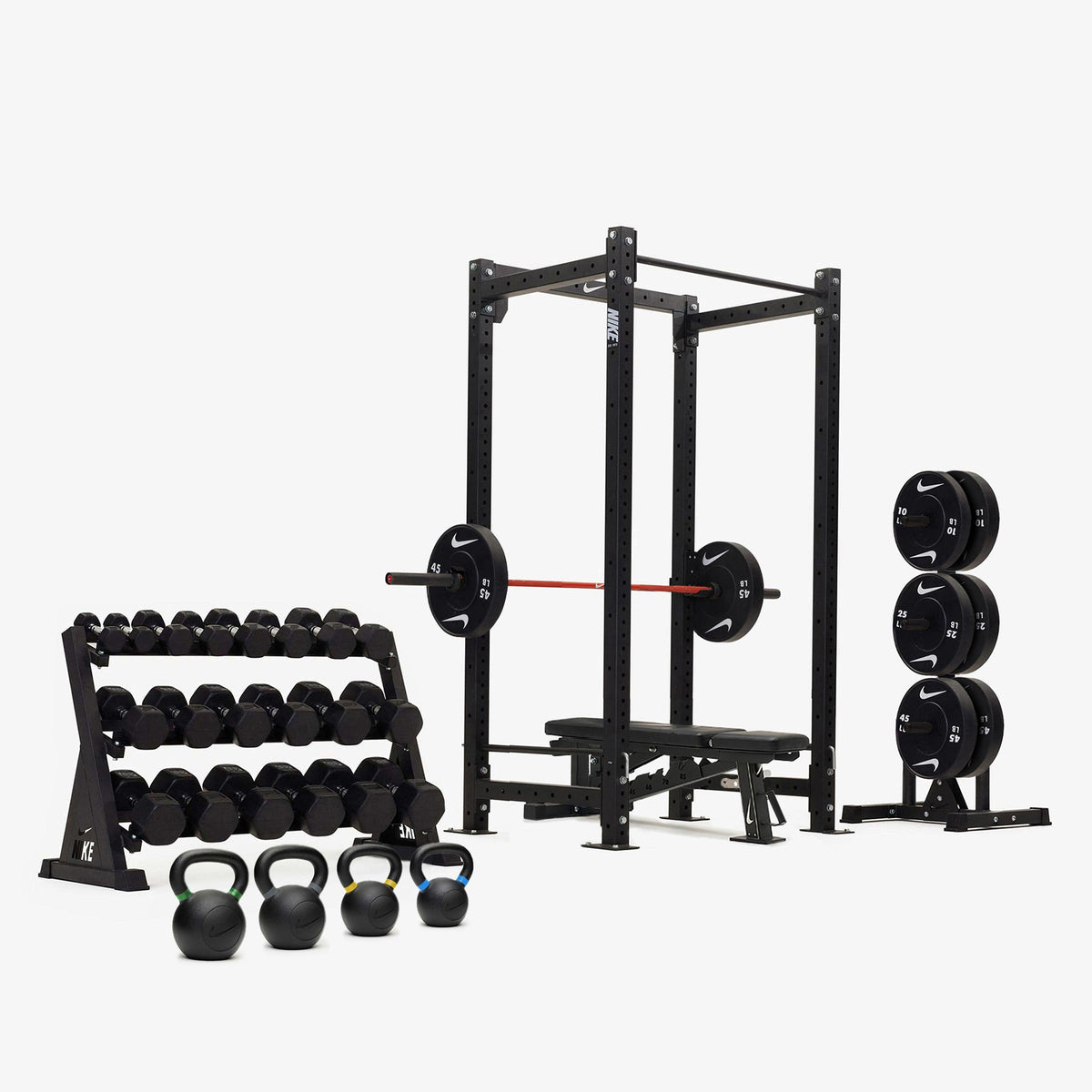 Nike Squat Cage / Black/Black Dumbbells + Black/White Plates / 15 kg Orange SWOOSH
