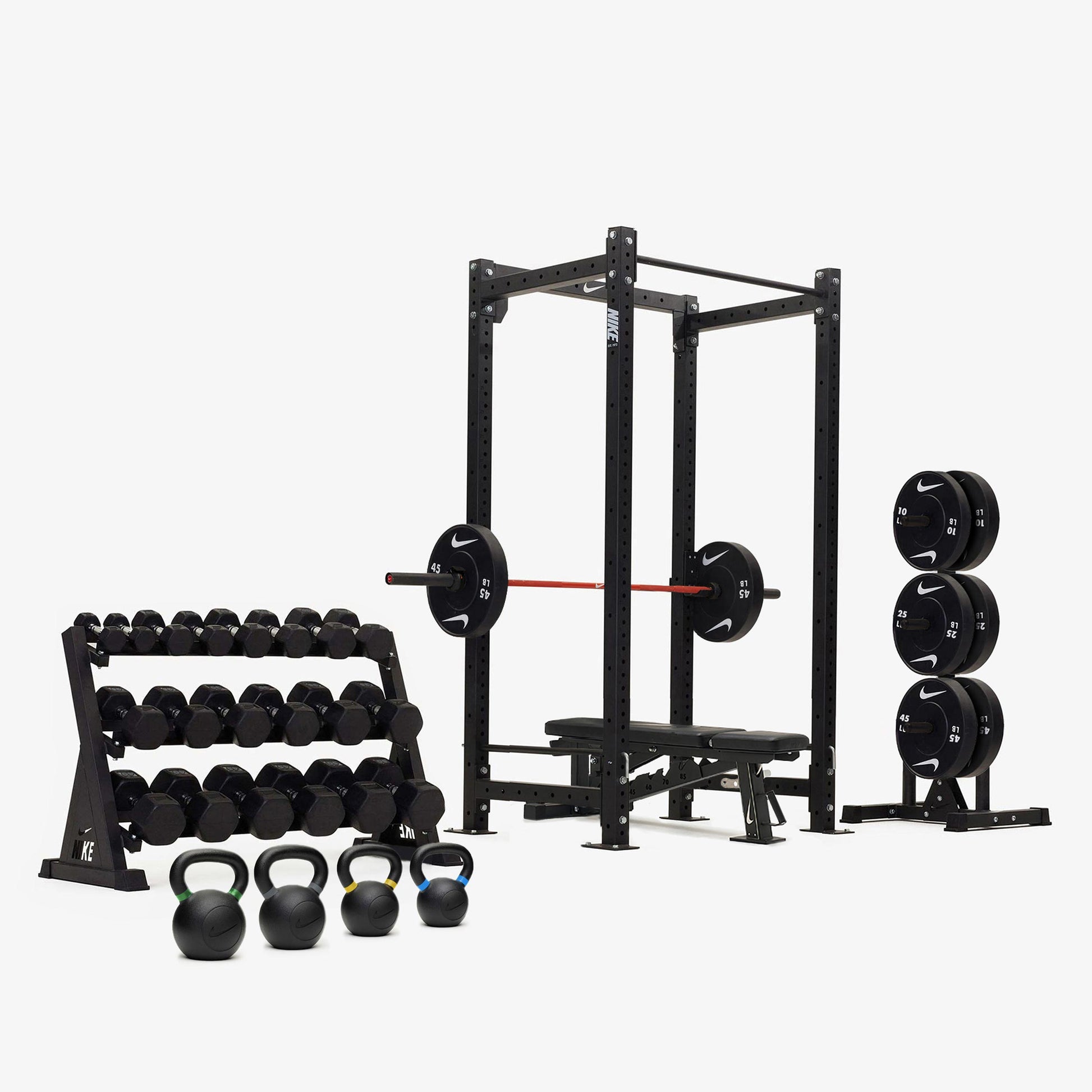 Nike Squat Cage / Black/Black Dumbbells + Black/White Plates / 15 kg Orange SWOOSH