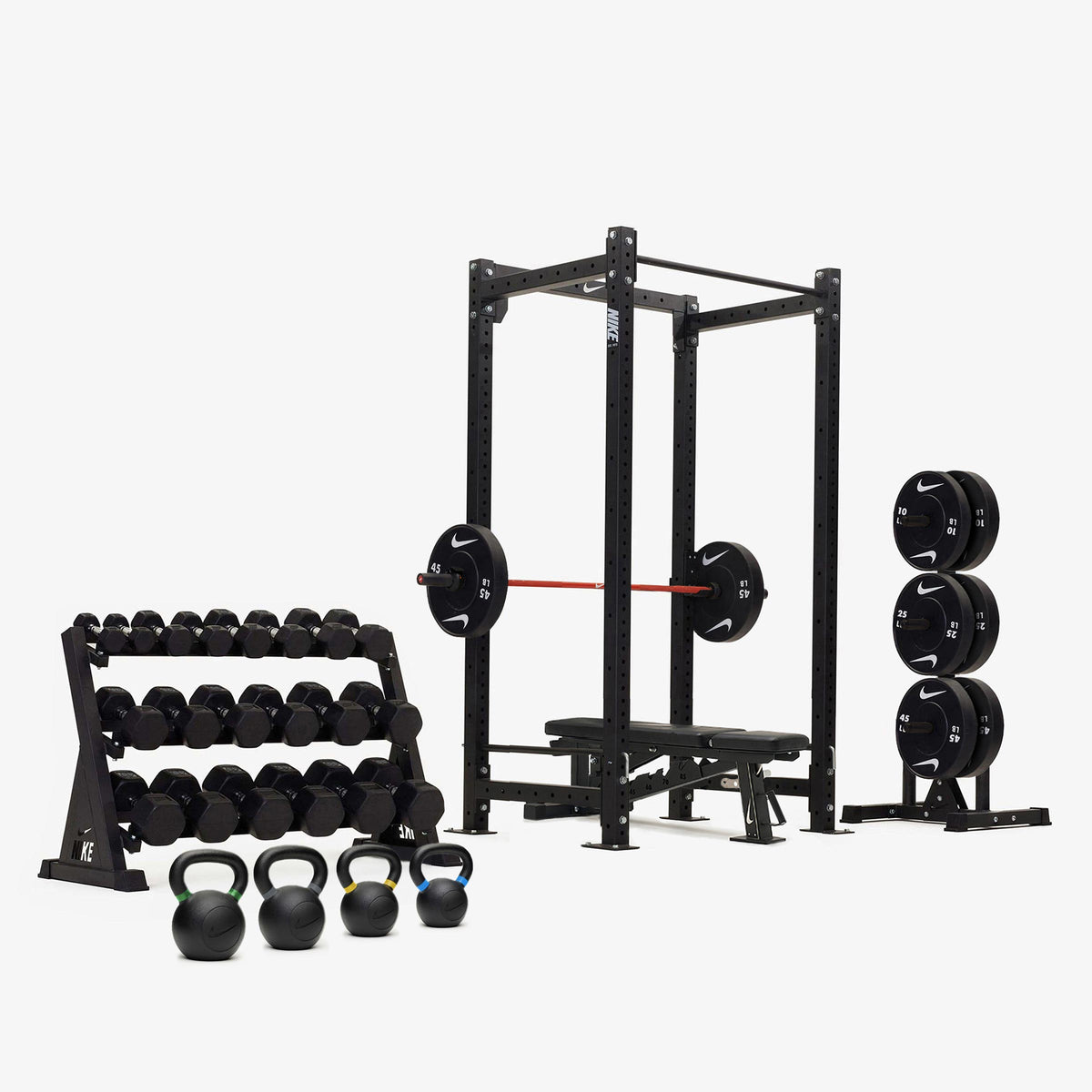 Nike Squat Cage / Black/Black Dumbbells + Black/White Plates / 20 kg Orange SWOOSH