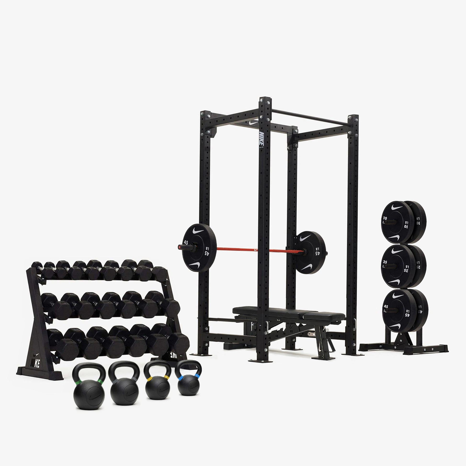 Nike Squat Cage / Black/Black Dumbbells + Black/White Plates / 20 kg Orange SWOOSH