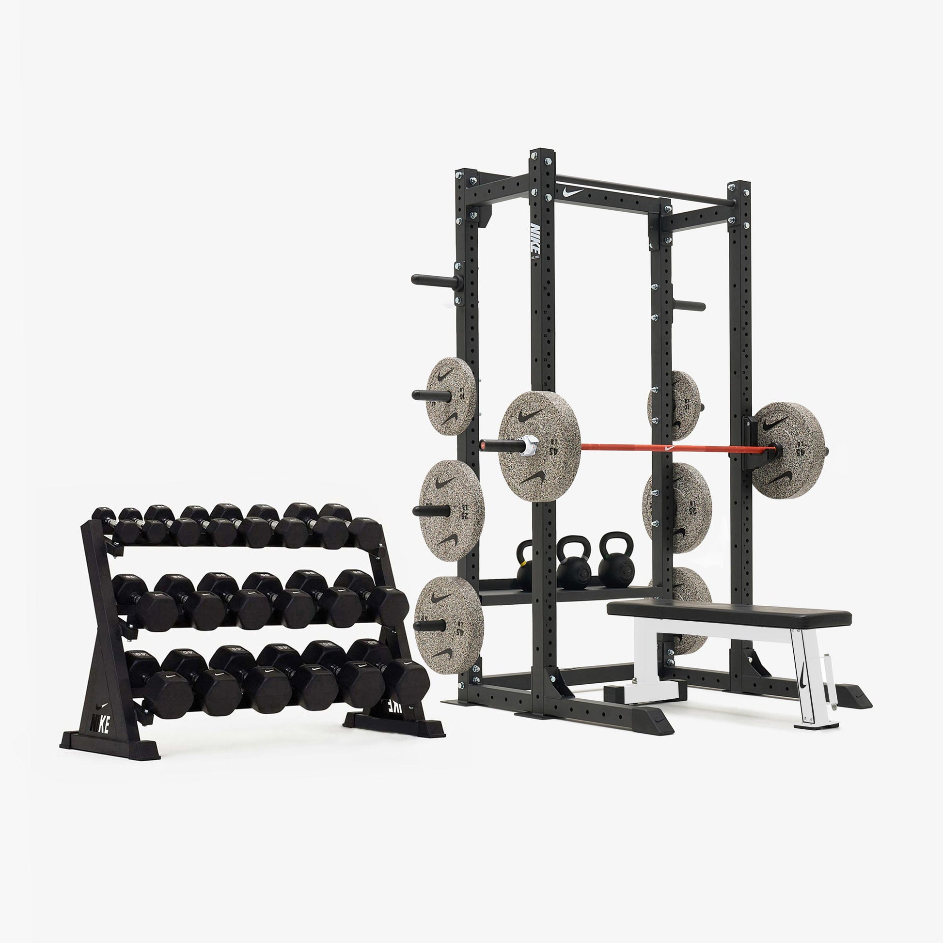Nike Half Rack / Black/White Dumbbells + Nike Grind Plates / 20 kg Orange SWOOSH