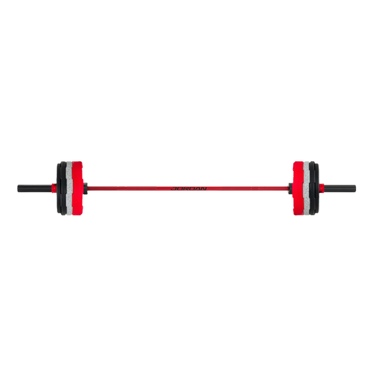 Jordan Strength Barbell and Plate Set: Shield Barbell with 45, 25, 15 and 10 lb bumper plates and collars | ALL