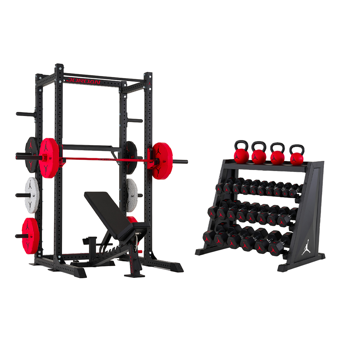 Jordan Strength Flight Home Gym Setup: Half Rack with storage shelf, Adjustable Bench, Shield Barbell, bumper plates and 4-Tier Rack with 5-50 lb dumbbells and 26-53 lb kettlebells | ALL