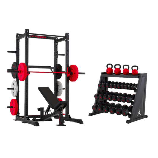 Jordan Strength Flight Home Gym Setup: Half Rack with storage shelf, Adjustable Bench, Shield Barbell, bumper plates and 4-Tier Rack with 5-50 lb dumbbells and 26-53 lb kettlebells | ALL