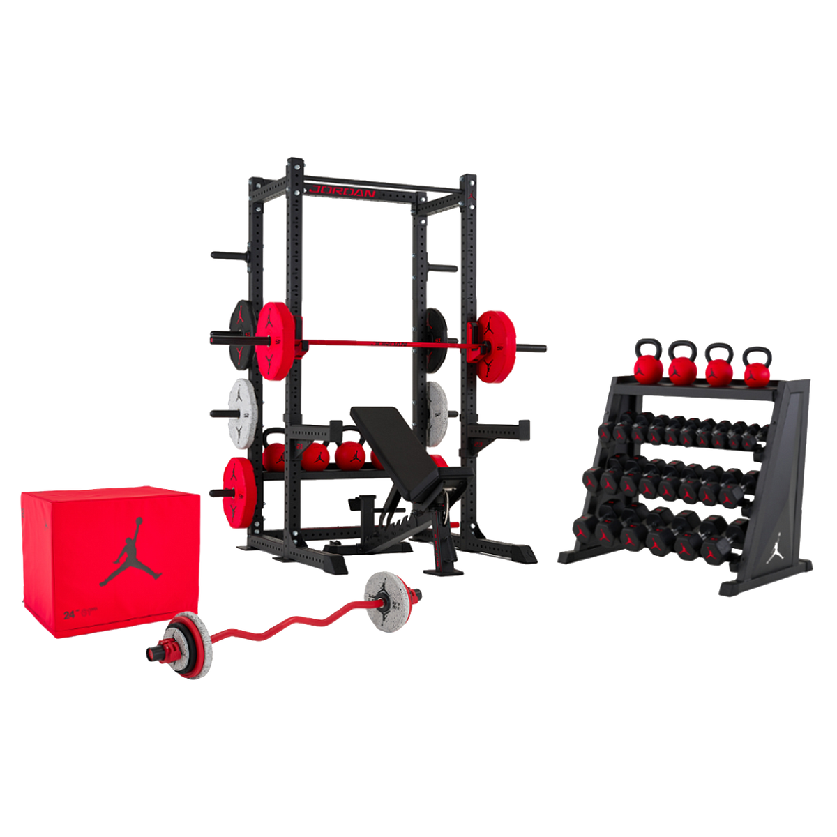 Jordan Strength Jumpman Home Gym Setup: Half Rack with spotter arms and storage shelf, Adjustable Bench, Shield Barbell, Curl Bar, Soft Plyo Box and 4-Tier Rack with 5-50 lb dumbbells and 18-70 lb kettlebells | ALL