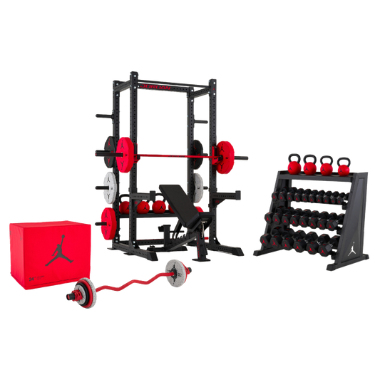 Jordan Strength Jumpman Home Gym Setup: Half Rack with spotter arms and storage shelf, Adjustable Bench, Shield Barbell, Curl Bar, Soft Plyo Box and 4-Tier Rack with 5-50 lb dumbbells and 18-70 lb kettlebells | ALL