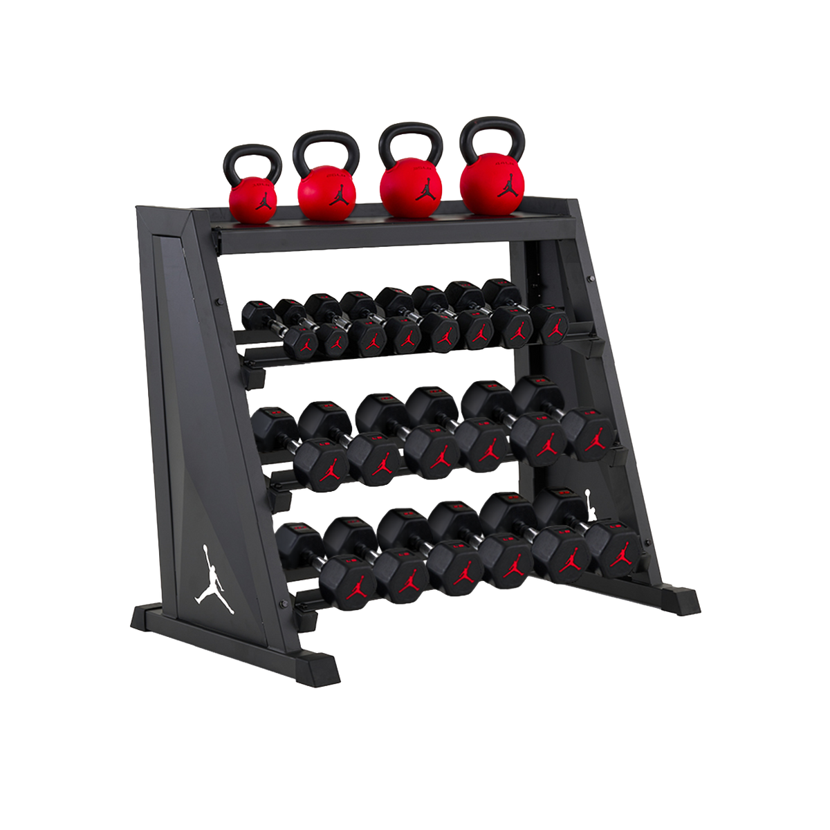 Jordan Strength Kettlebell & Dumbbell Rack Set: 4-Tier Rack with 5-30 lb dumbbells and 18-44 lb kettlebells (4 bells) | 5-30 lb / 18-44 lb