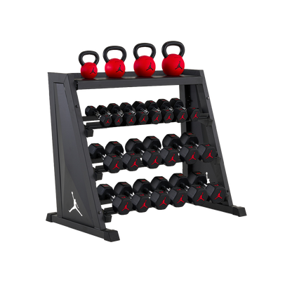 Jordan Strength Kettlebell & Dumbbell Rack Set: 4-Tier Rack with 5-30 lb dumbbells and 18-44 lb kettlebells (4 bells) | 5-30 lb / 18-44 lb