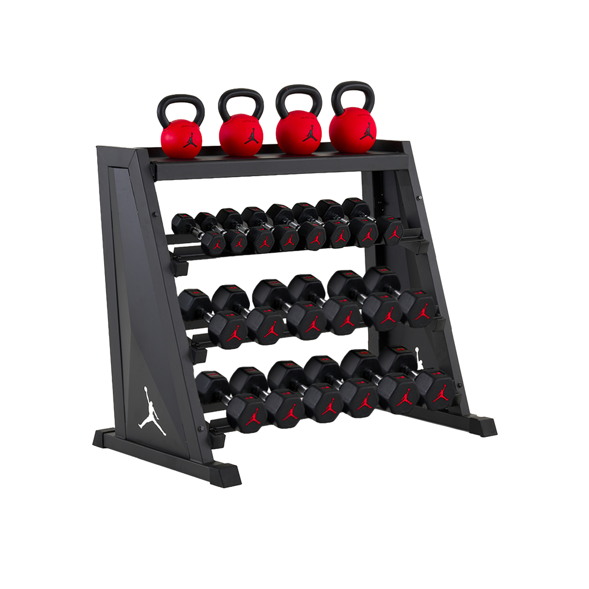 Jordan Strength Kettlebell & Dumbbell Rack Set: 4-Tier Rack with 5-30 lb dumbbells and 26-53 lb kettlebells (4 bells) | 5-30 lb / 26-53 lb