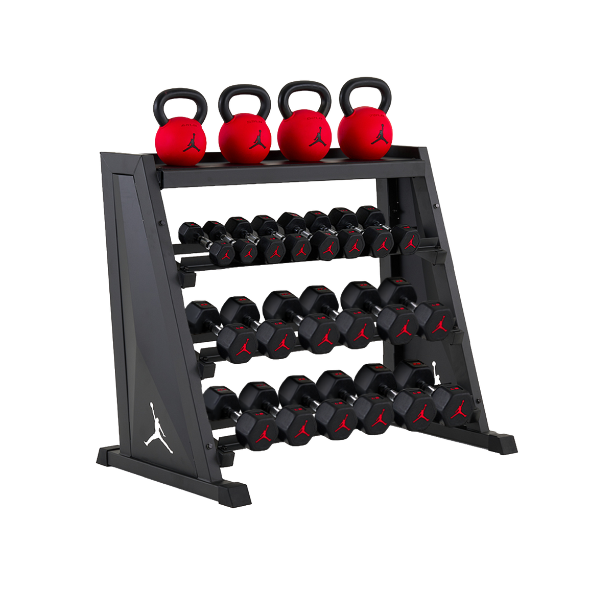 Jordan Strength Kettlebell & Dumbbell Rack Set: 4-Tier Rack with 5-30 lb dumbbells and 44-70 lb kettlebells (4 bells) | 5-30 lb / 44-70 lb