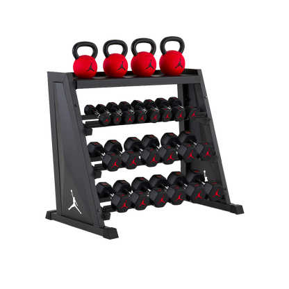 Jordan Strength Kettlebell & Dumbbell Rack Set: 4-Tier Rack with 5-30 lb dumbbells and 44-70 lb kettlebells (4 bells) | 5-30 lb / 44-70 lb