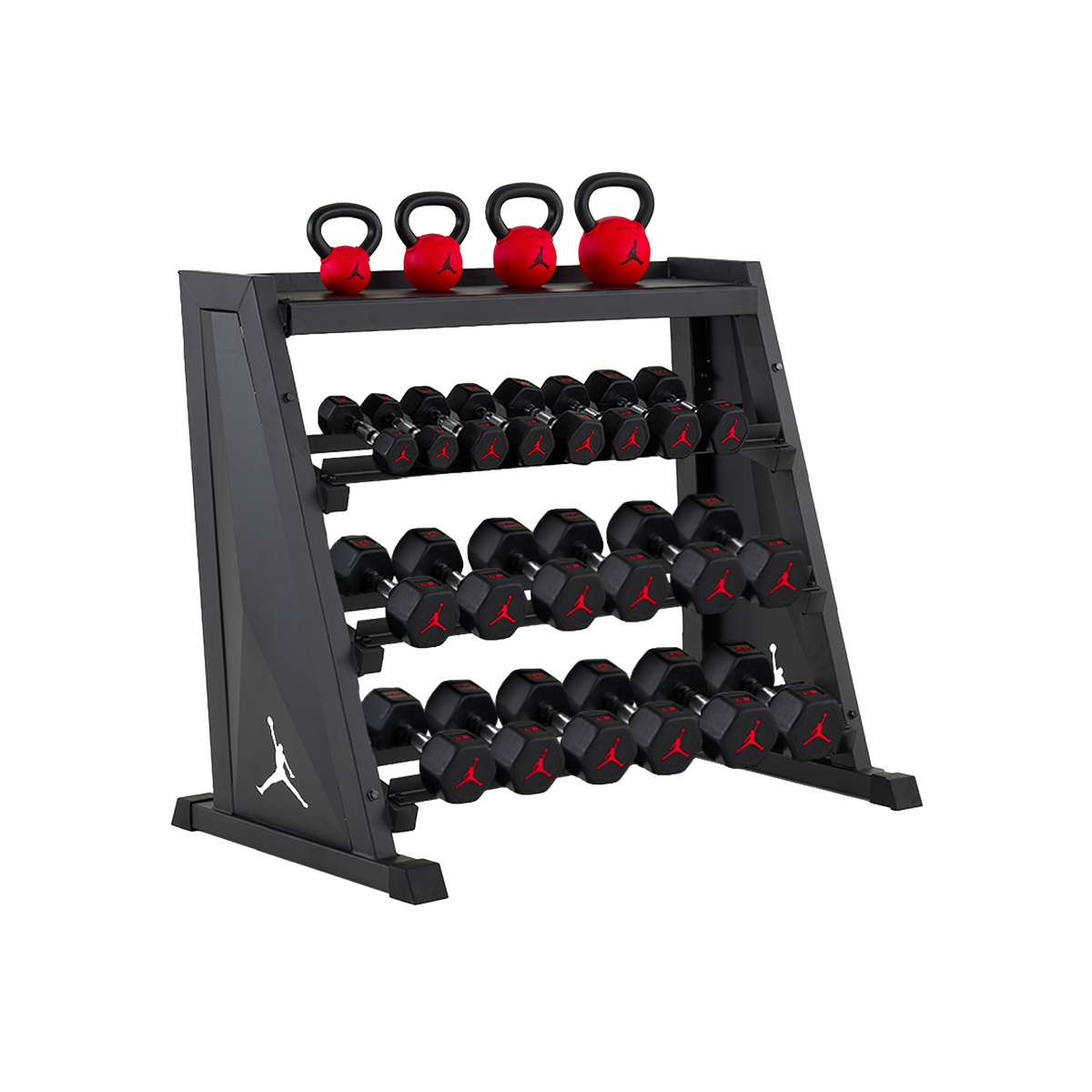 Jordan Strength Kettlebell & Dumbbell Rack Set: 4-Tier Rack with 5-30 lb dumbbells and 9-26 lb kettlebells (4 bells) | 5-30 lb / 9-26 lb