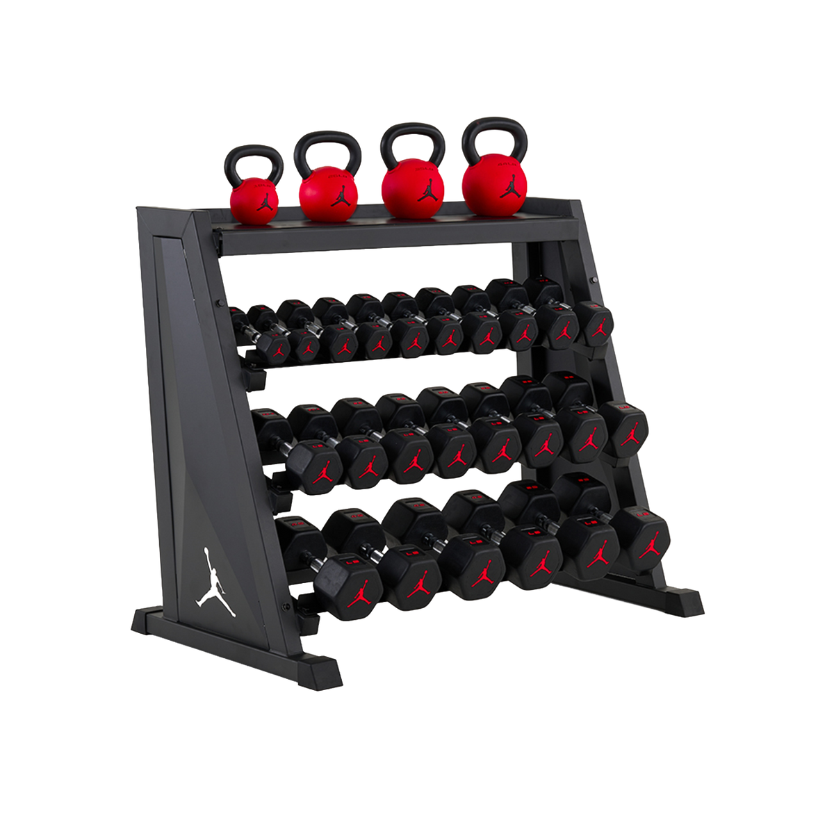 Jordan Strength Kettlebell & Dumbbell Rack Set: 4-Tier Rack with 5-50 lb dumbbells and 18-44 lb kettlebells (4 bells) | 5-50 lb / 18-44 lb