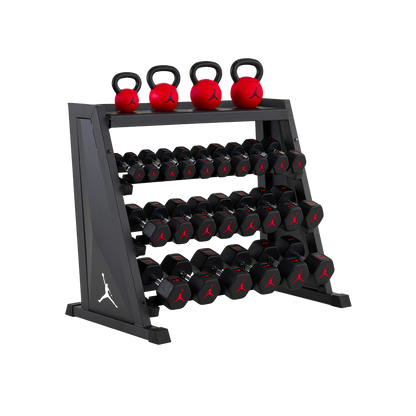 Jordan Strength Kettlebell & Dumbbell Rack Set: 4-Tier Rack with 5-50 lb dumbbells and 18-44 lb kettlebells (4 bells) | 5-50 lb / 18-44 lb
