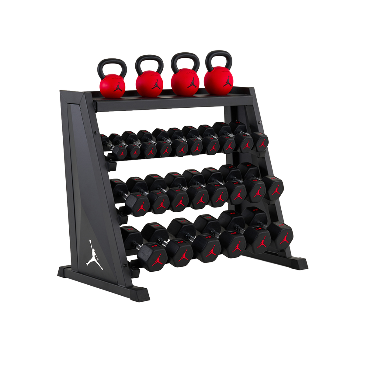 Jordan Strength Kettlebell & Dumbbell Rack Set: 4-Tier Rack with 5-50 lb dumbbells and 26-53 lb kettlebells (4 bells) | 5-50 lb / 26-53 lb