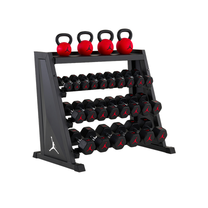 Jordan Strength Kettlebell & Dumbbell Rack Set: 4-Tier Rack with 5-50 lb dumbbells and 26-53 lb kettlebells (4 bells) | 5-50 lb / 26-53 lb