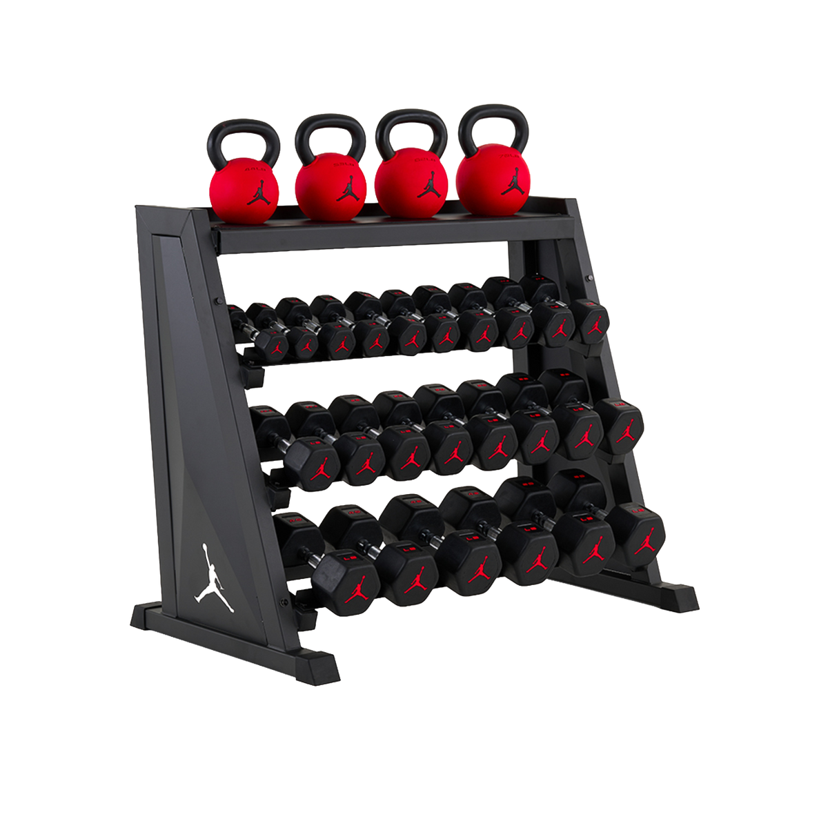 Jordan Strength Kettlebell & Dumbbell Rack Set: 4-Tier Rack with 5-50 lb dumbbells and 44-70 lb kettlebells (4 bells) | 5-50 lb / 44-70 lb