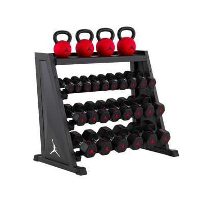 Jordan Strength Kettlebell & Dumbbell Rack Set: 4-Tier Rack with 5-50 lb dumbbells and 44-70 lb kettlebells (4 bells) | 5-50 lb / 44-70 lb