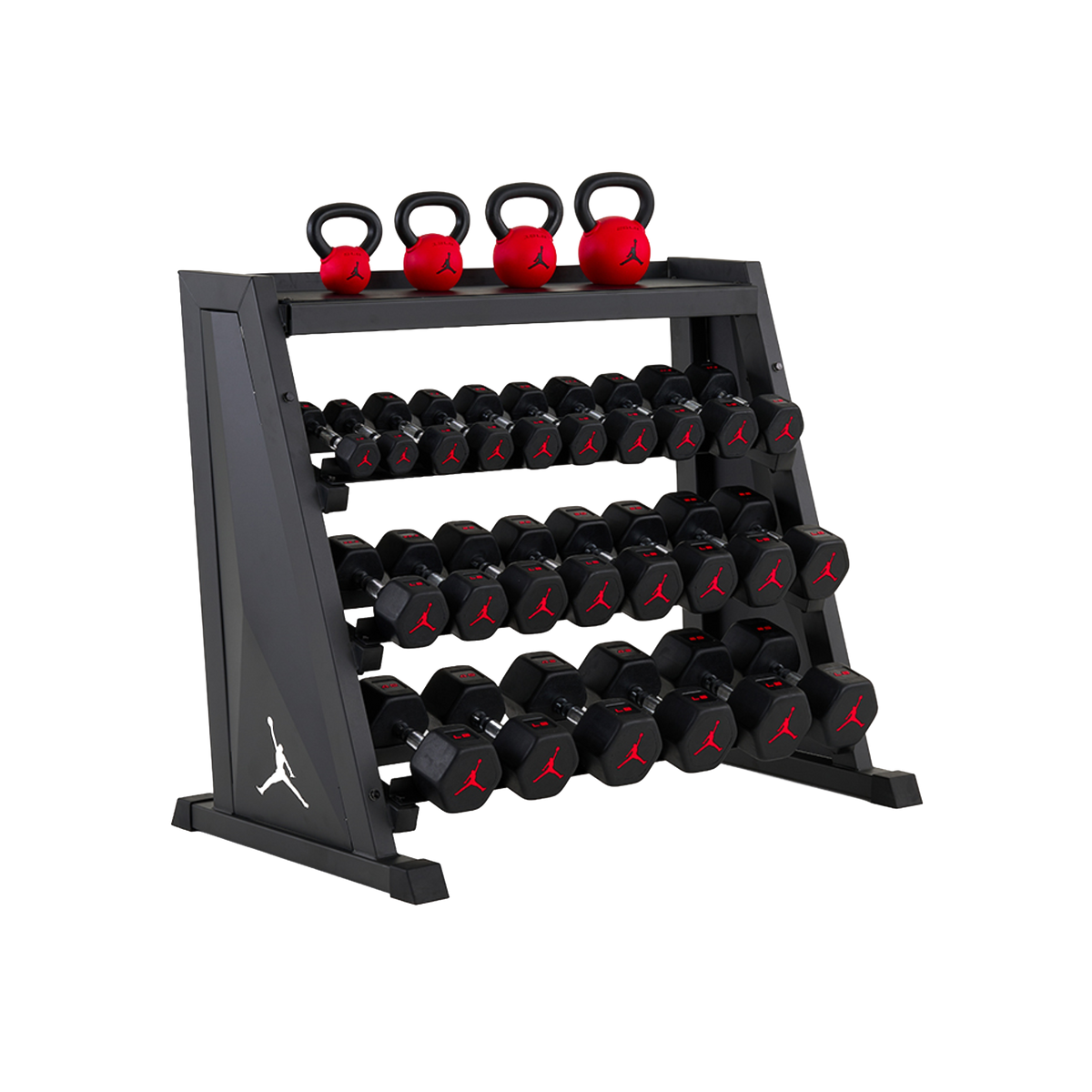 Jordan Strength Kettlebell & Dumbbell Rack Set: 4-Tier Rack with 5-50 lb dumbbells and 9-26 lb kettlebells (4 bells) | 5-50 lb / 9-26 lb