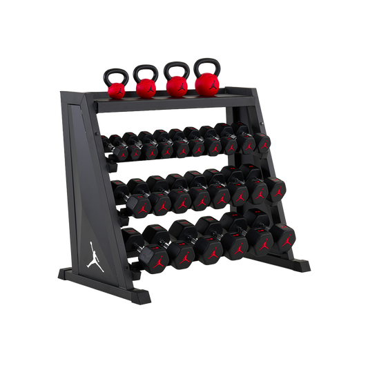 Jordan Strength Kettlebell & Dumbbell Rack Set: 4-Tier Rack with 5-50 lb dumbbells and 9-26 lb kettlebells (4 bells) | 5-50 lb / 9-26 lb