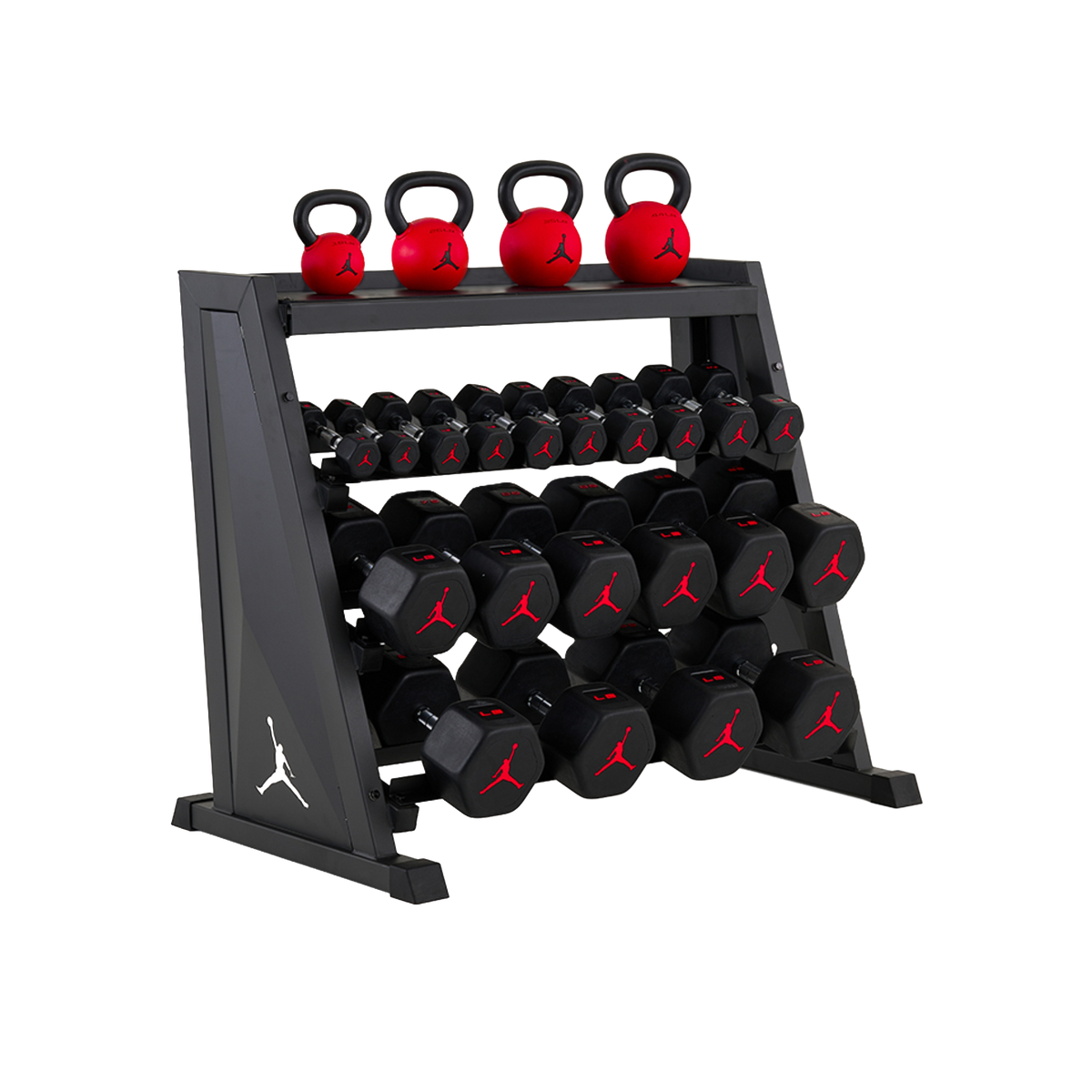 Jordan Strength Kettlebell & Dumbbell Rack Set: 4-Tier Rack with 5-70 lb dumbbells and 18-44 lb kettlebells (4 bells) | 5-70 lb / 18-44 lb