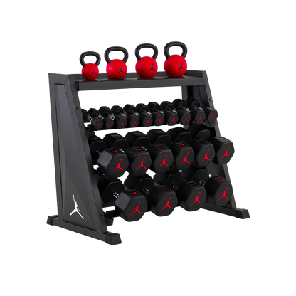 Jordan Strength Kettlebell & Dumbbell Rack Set: 4-Tier Rack with 5-70 lb dumbbells and 18-44 lb kettlebells (4 bells) | 5-70 lb / 18-44 lb