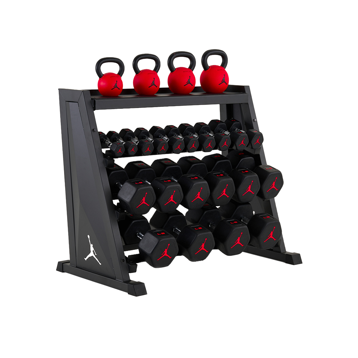 Jordan Strength Kettlebell & Dumbbell Rack Set: 4-Tier Rack with 5-70 lb dumbbells and 26-53 lb kettlebells (4 bells) | 5-70 lb / 26-53 lb
