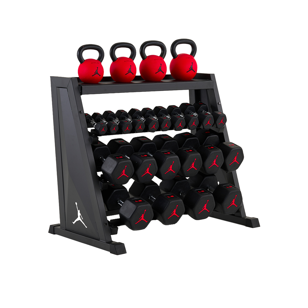 Jordan Strength Kettlebell & Dumbbell Rack Set: 4-Tier Rack with 5-70 lb dumbbells and 44-70 lb kettlebells (4 bells) | 5-70 lb / 44-70 lb