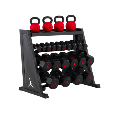 Jordan Strength Kettlebell & Dumbbell Rack Set: 4-Tier Rack with 5-70 lb dumbbells and 44-70 lb kettlebells (4 bells) | 5-70 lb / 44-70 lb
