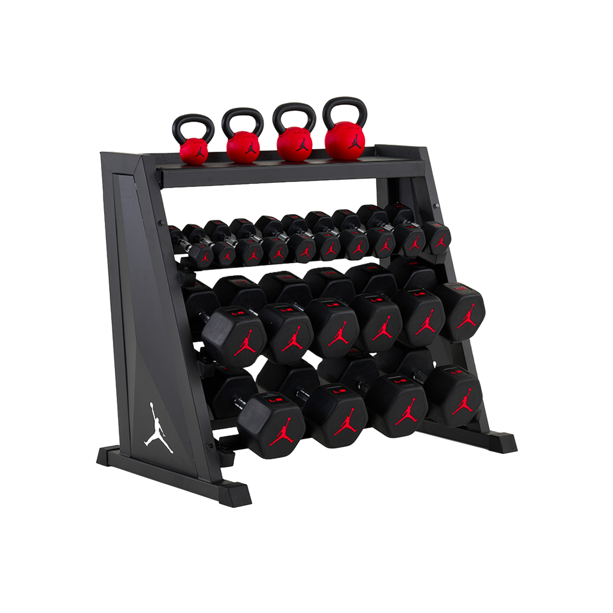 Jordan Strength Kettlebell & Dumbbell Rack Set: 4-Tier Rack with 5-70 lb dumbbells and 9-26 lb kettlebells (4 bells) | 5-70 lb / 9-26 lb