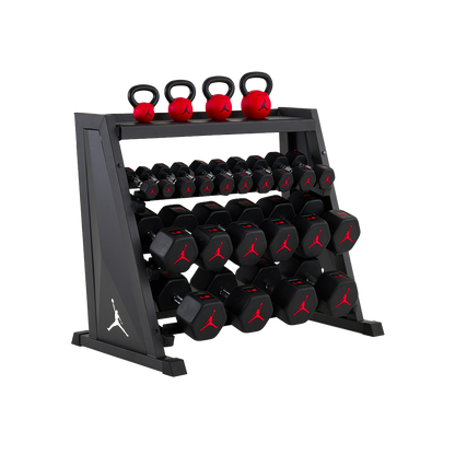 Jordan Strength Kettlebell & Dumbbell Rack Set: 4-Tier Rack with 5-70 lb dumbbells and 9-26 lb kettlebells (4 bells) | 5-70 lb / 9-26 lb