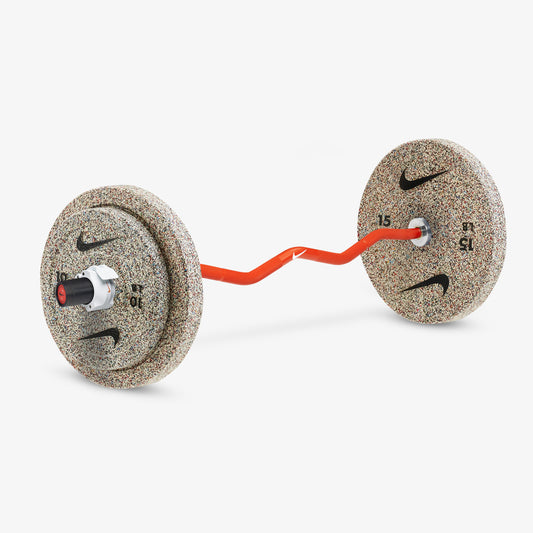 Nike Strength Shield Curl Bar - Orange Swoosh / Nike Grind Bumper Plates (10 and 15 lb pairs) / White/Orange