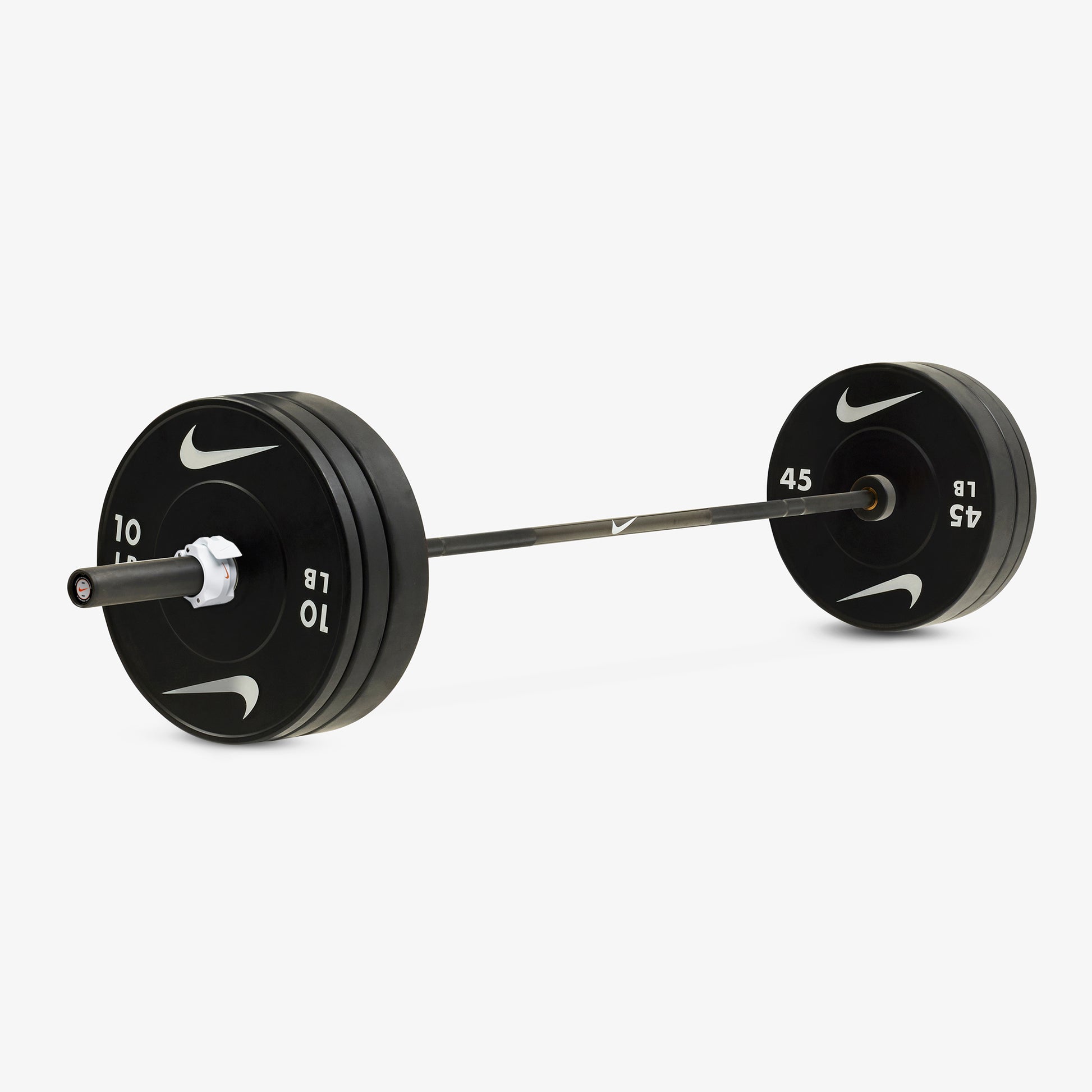 Nike Chrome Swoosh Black / Nike Black Bumper Plates / 45 25 and 10 lb pairs