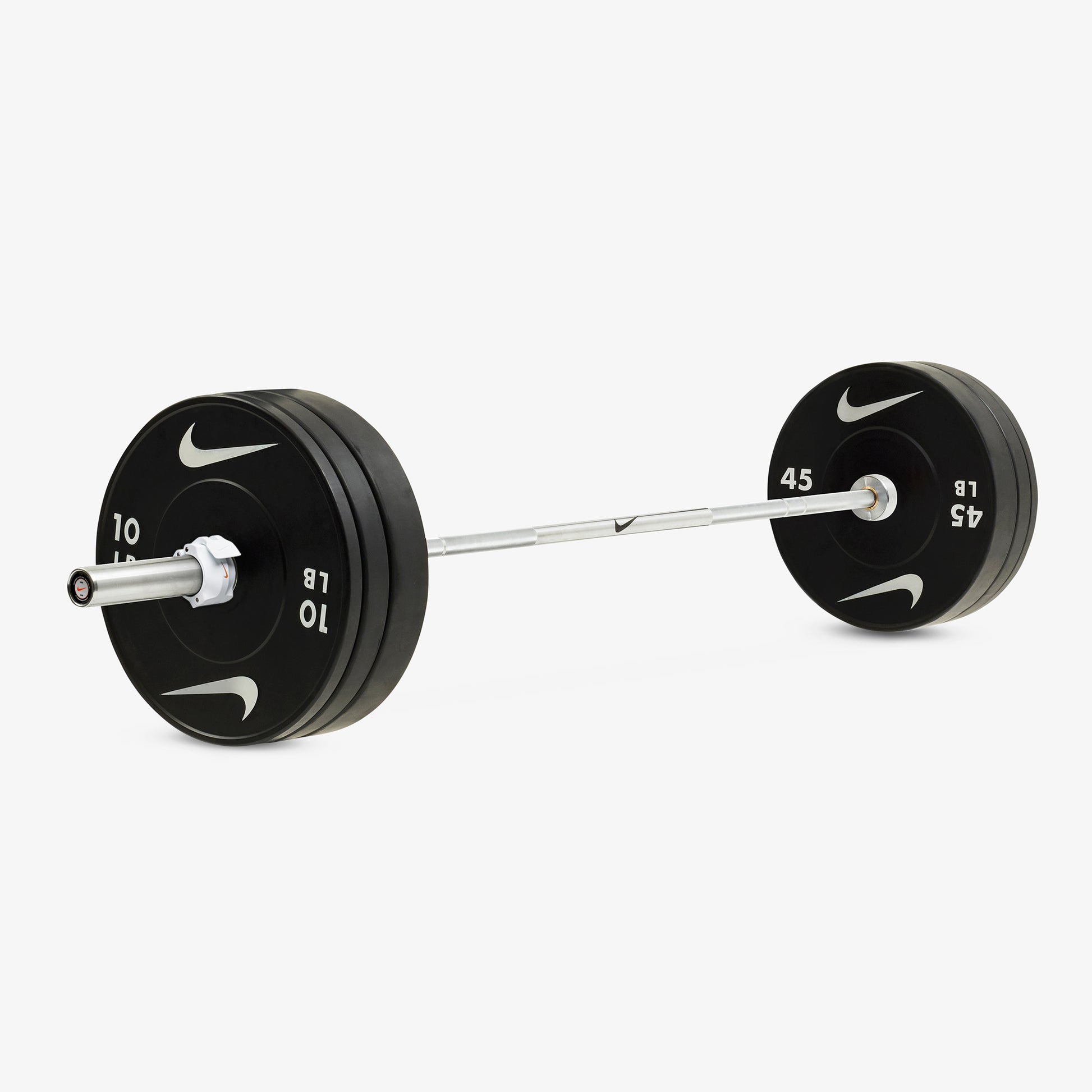 Nike Chrome Swoosh Chrome / Nike Black Bumper Plates / 45 25 and 10 lb pairs