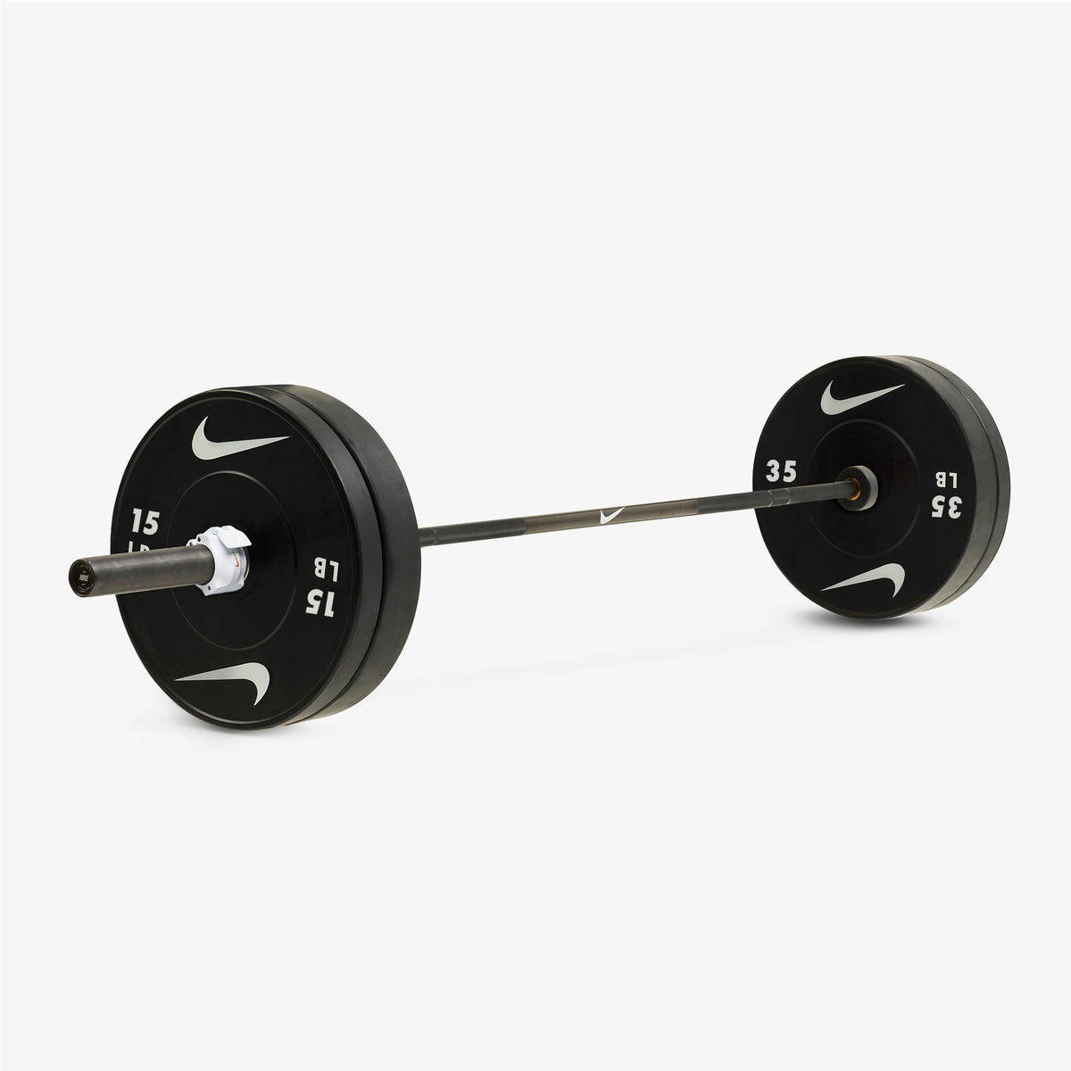 Nike Chrome Swoosh Black / Nike Black Bumper Plates / 35 and 15 lb pairs