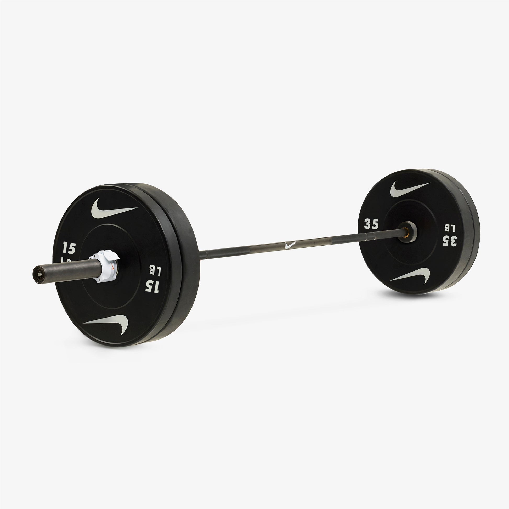 Nike Chrome Swoosh Black / Nike Black Bumper Plates / 35 and 15 lb pairs