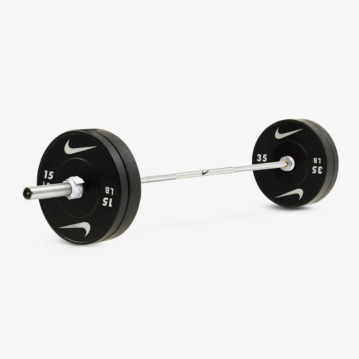 Nike Chrome Swoosh Chrome / Nike Black Bumper Plates / 35 and 15 lb pairs