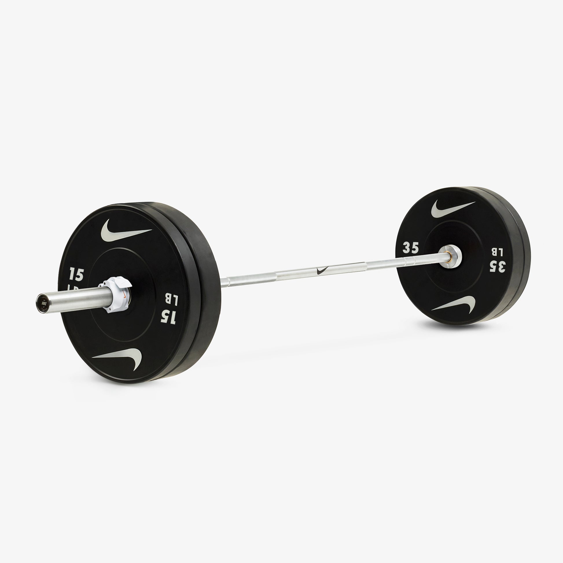 Nike Chrome Swoosh Chrome / Nike Black Bumper Plates / 35 and 15 lb pairs
