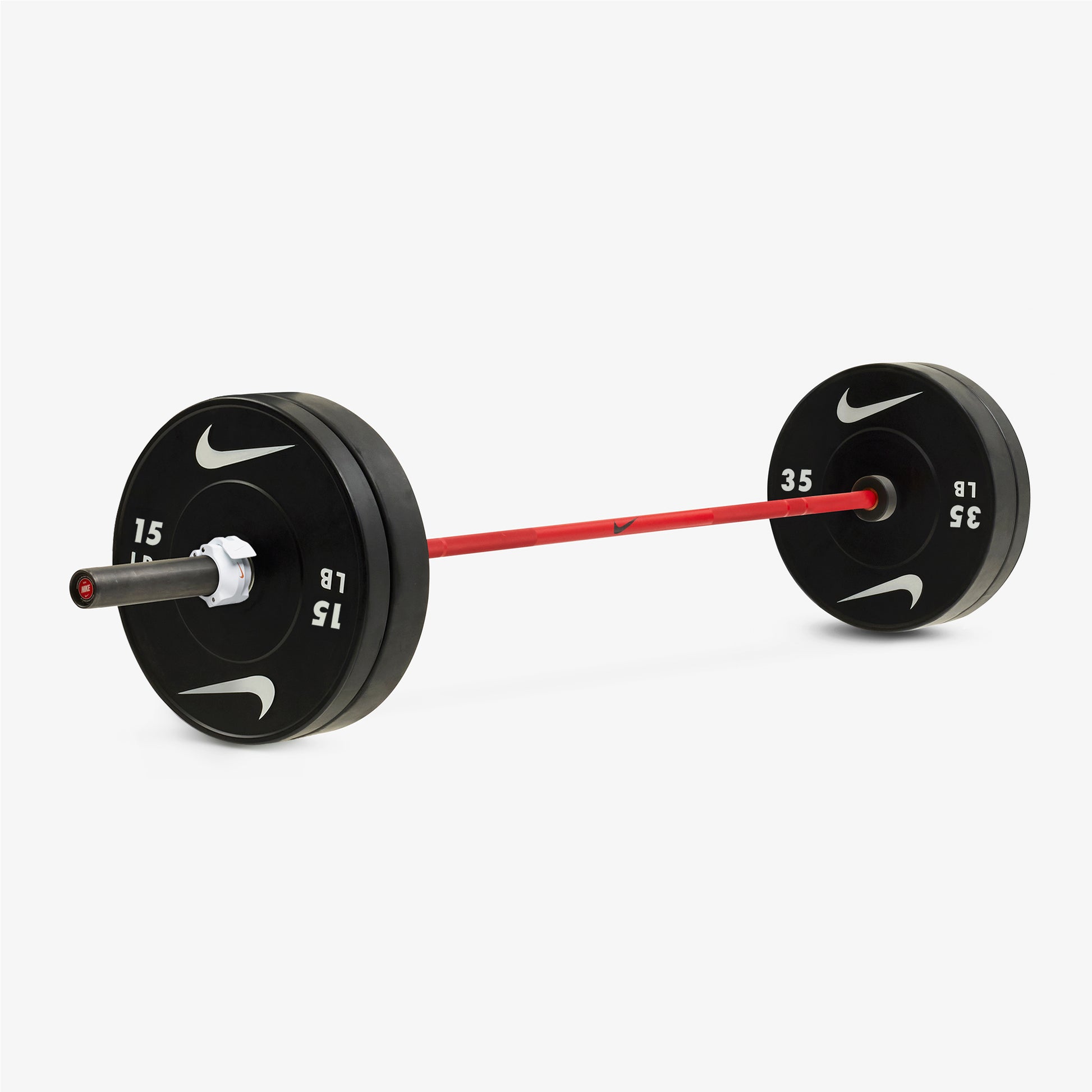 Nike Coated Premium Red SWOOSH / Nike Black Bumper Plates / 35 and 15 lb pairs
