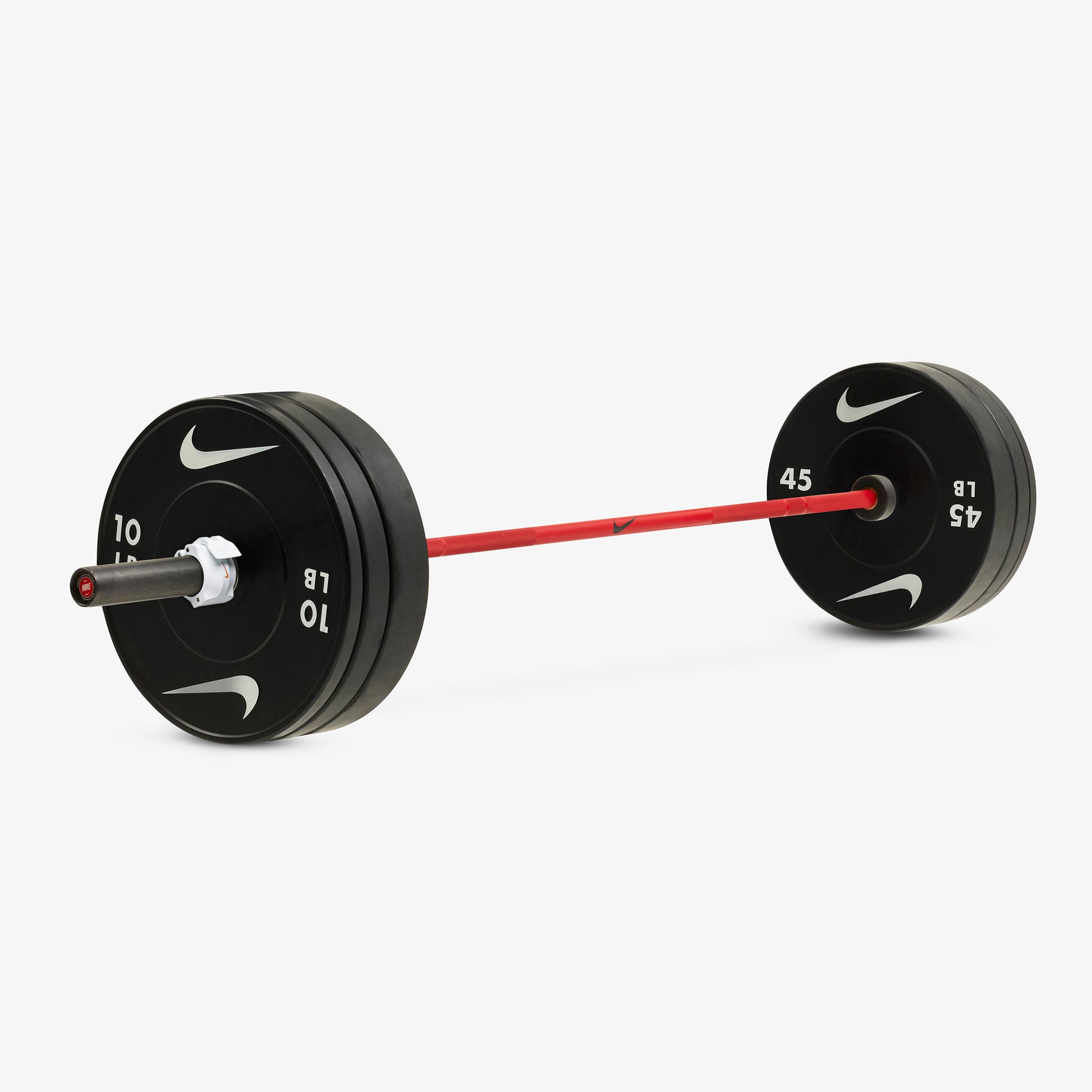 Nike Coated Premium Red SWOOSH / Nike Black Bumper Plates / 45 25 and 10 lb pairs