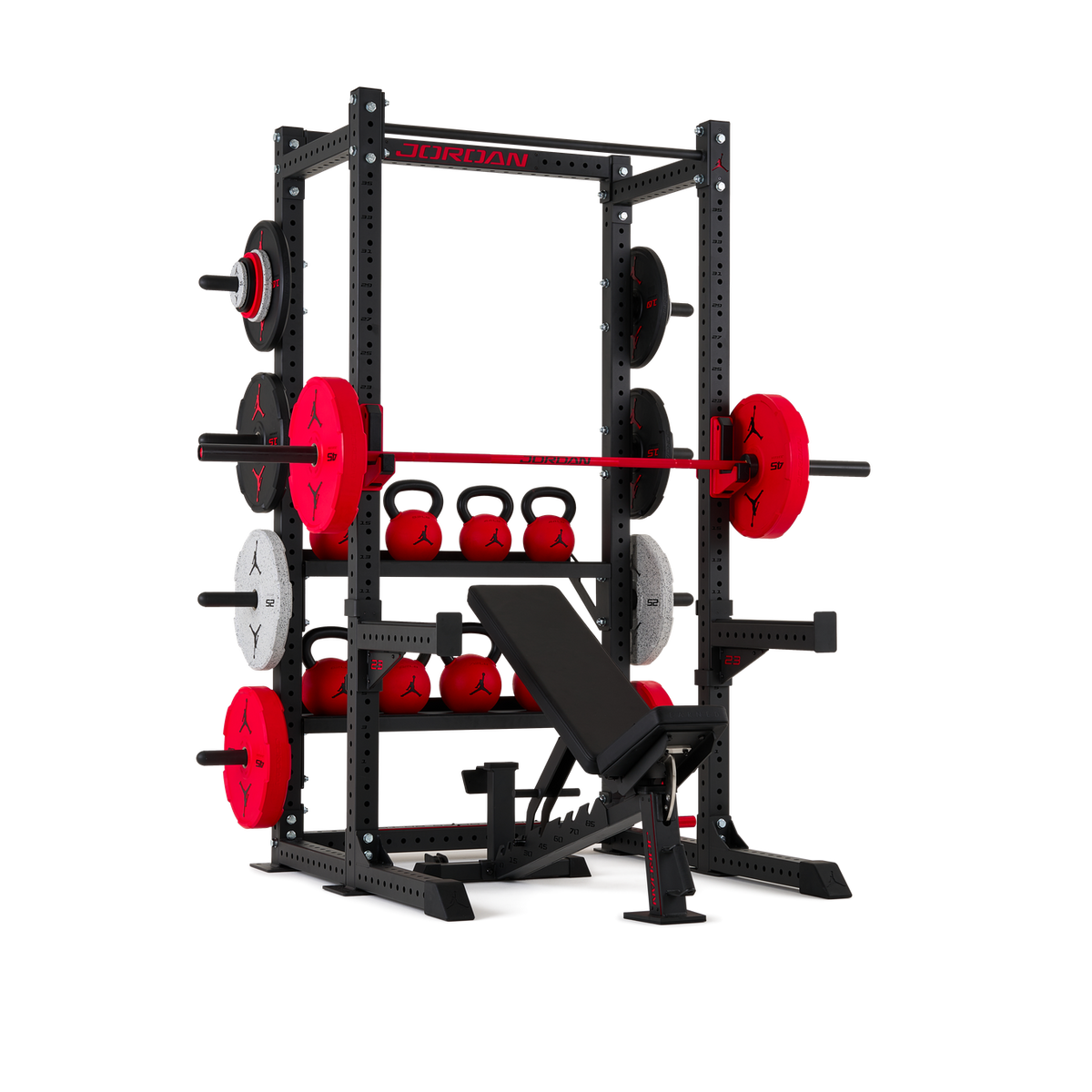 Shown with shelves, spotter arms and bench, all sold separately