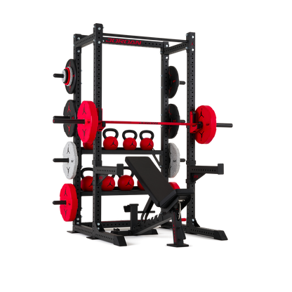 Shown with shelves, spotter arms and bench, all sold separately