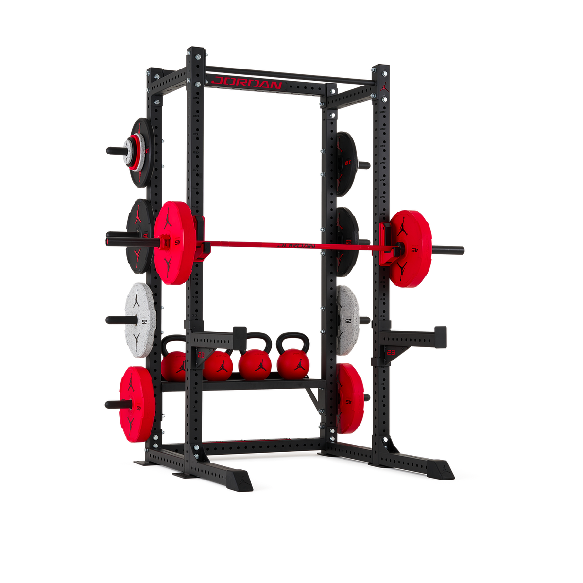 Shown with shelf, spotter arms and barbell, all sold separately